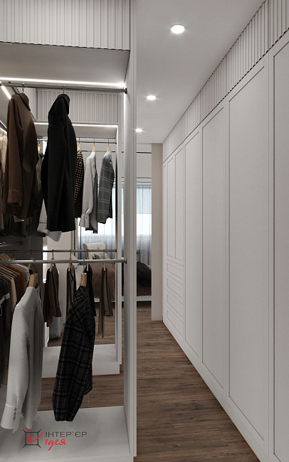 Спальня в кольорі моко з суміжною гардеробною кімнатою