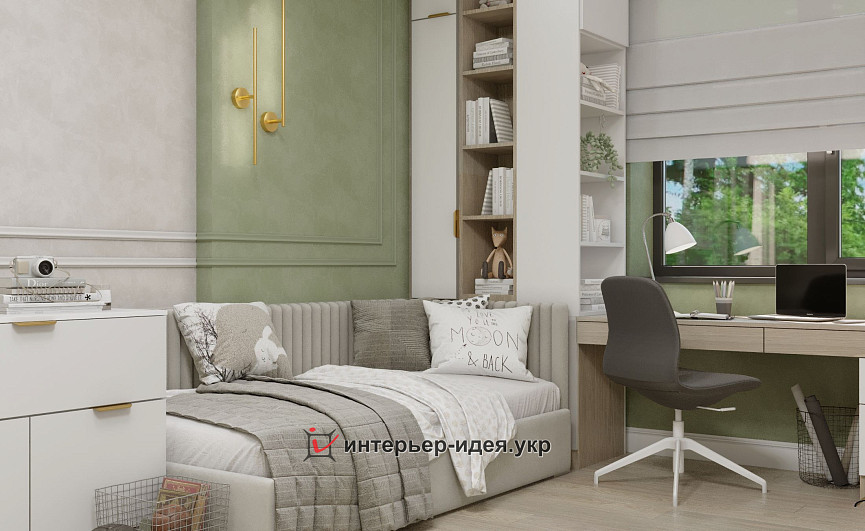 Світла дитяча кімната в класичному стилі з додаванням зелених відтінків