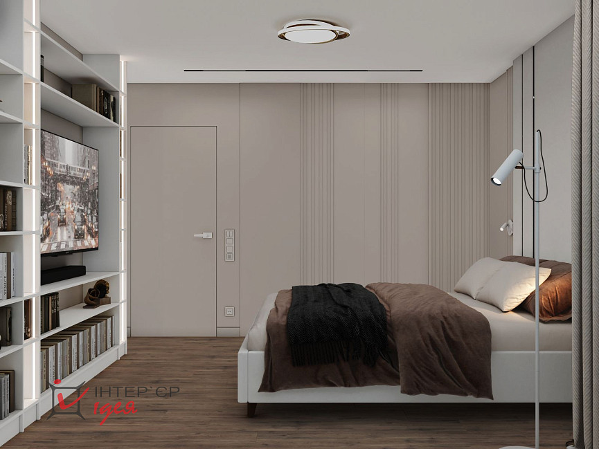Спальня в кольорі моко з суміжною гардеробною кімнатою