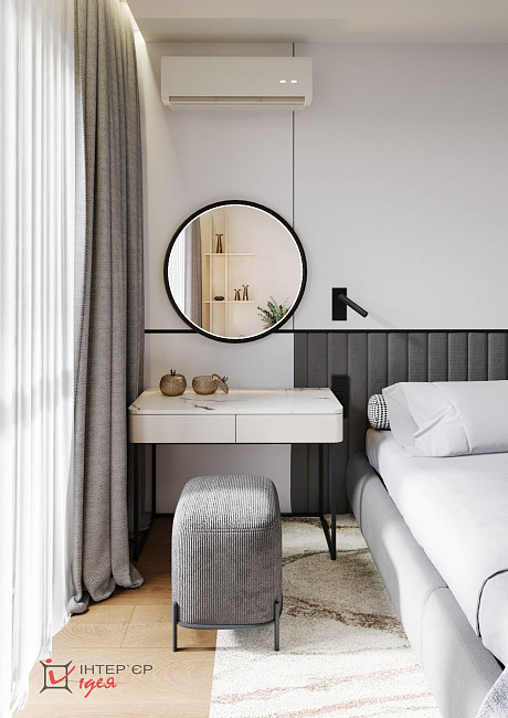 Сучасний мінімалізм в спальні 14 м2 з терасою