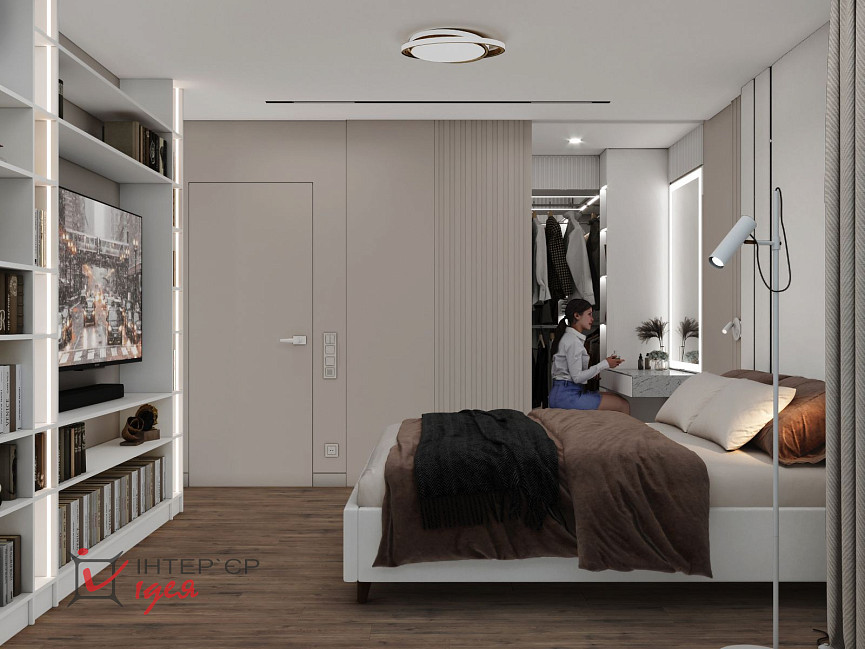 Спальня в кольорі моко з суміжною гардеробною кімнатою