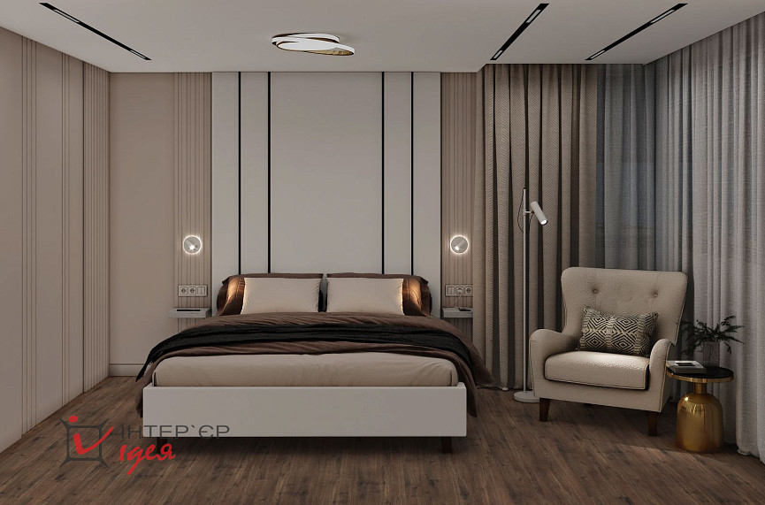 Спальня в кольорі моко з суміжною гардеробною кімнатою