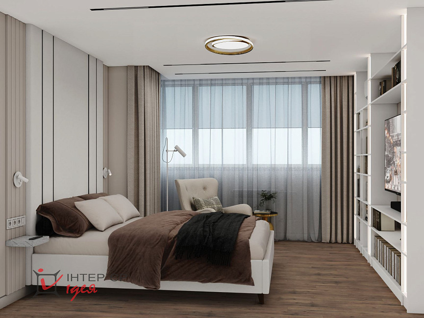 Спальня в кольорі моко з суміжною гардеробною кімнатою