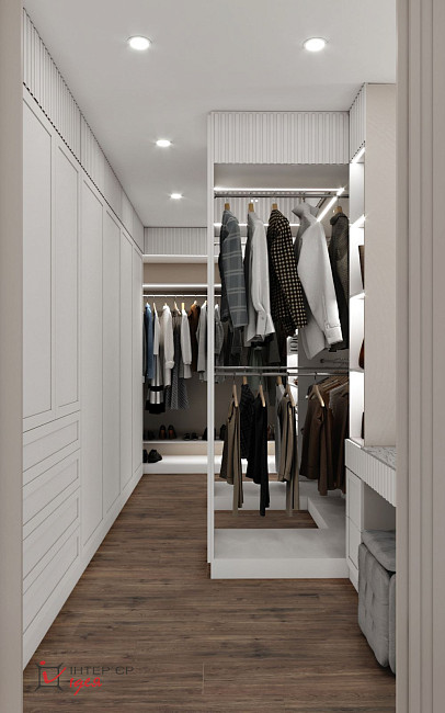 Спальня в кольорі моко з суміжною гардеробною кімнатою