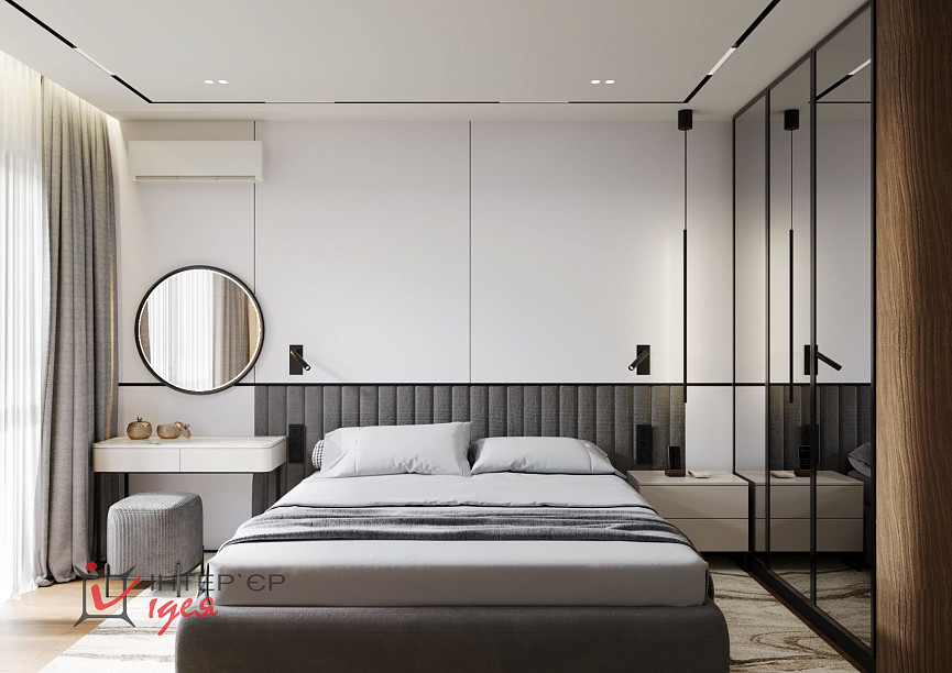 Сучасний мінімалізм в спальні 14 м2 з терасою