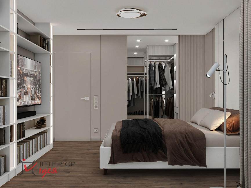 Спальня в кольорі моко з суміжною гардеробною кімнатою