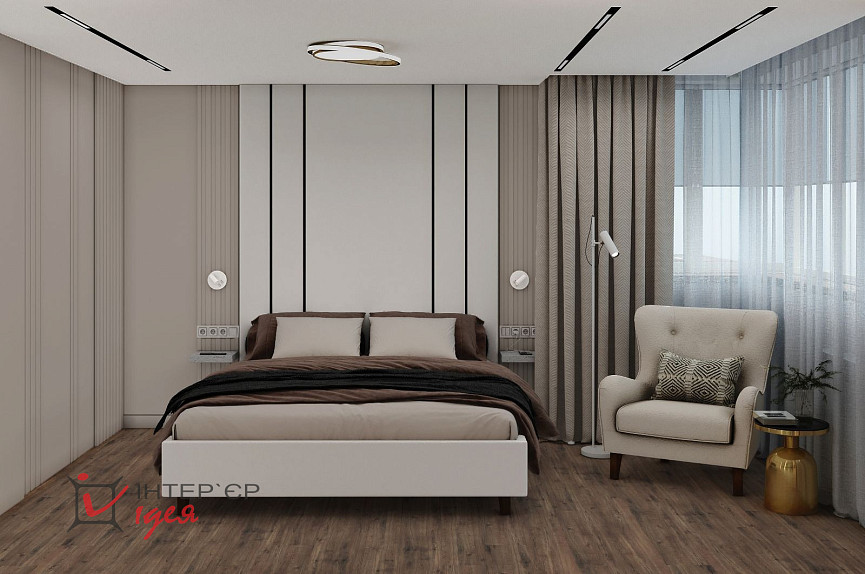 Спальня в кольорі моко з суміжною гардеробною кімнатою