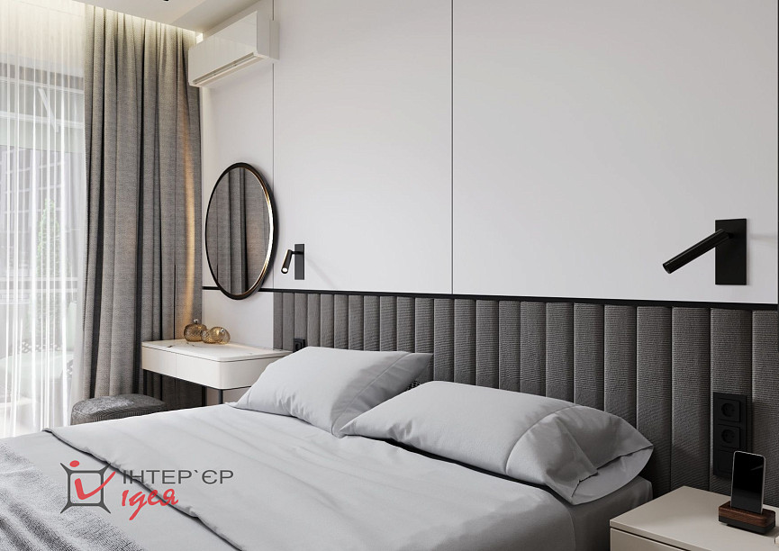 Сучасний мінімалізм в спальні 14 м2 з терасою