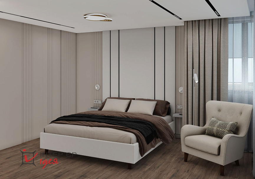 Спальня в кольорі моко з суміжною гардеробною кімнатою