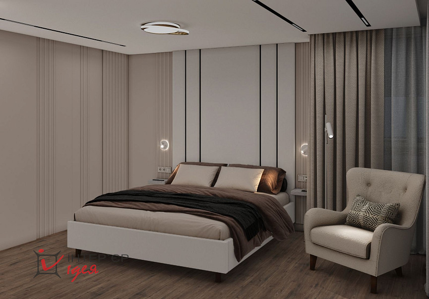 Спальня в кольорі моко з суміжною гардеробною кімнатою