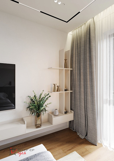 Сучасний мінімалізм в спальні 14 м2 з терасою