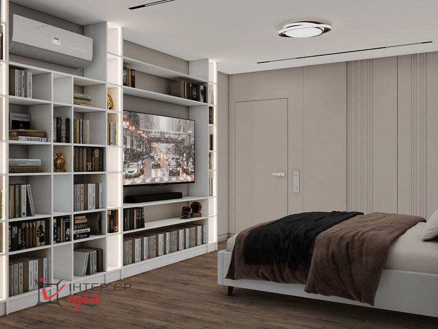 Спальня в кольорі моко з суміжною гардеробною кімнатою