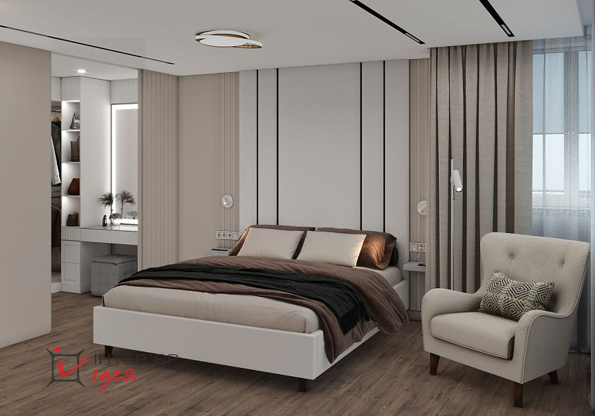 Спальня в кольорі моко з суміжною гардеробною кімнатою