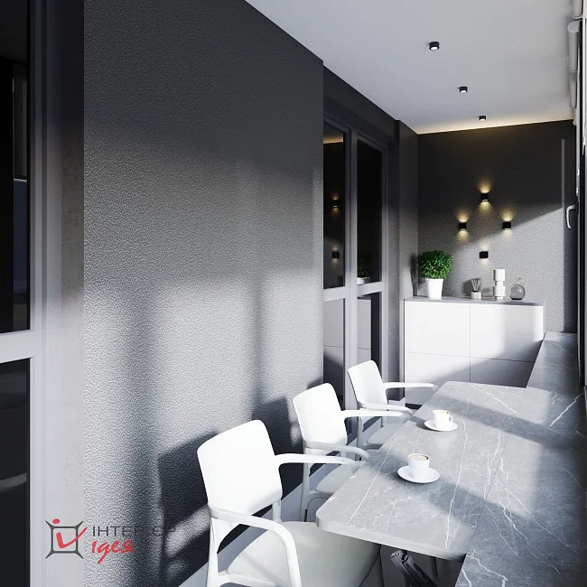 Сучасний мінімалізм в кухні-студії 28 м2,з балконом