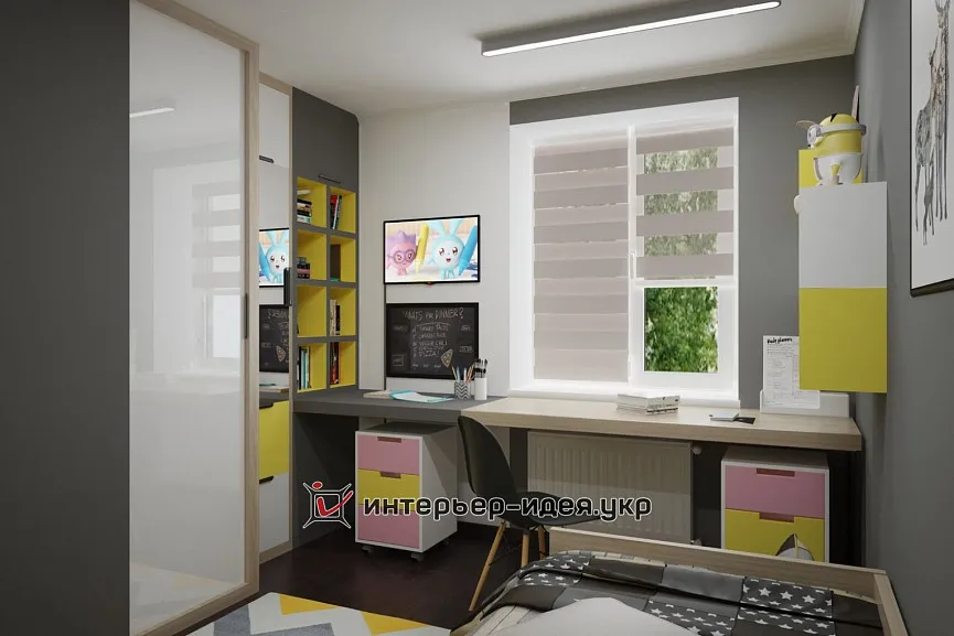 Дизайн дитячої кімнати з яскравими акцентами жовтого і рожевого